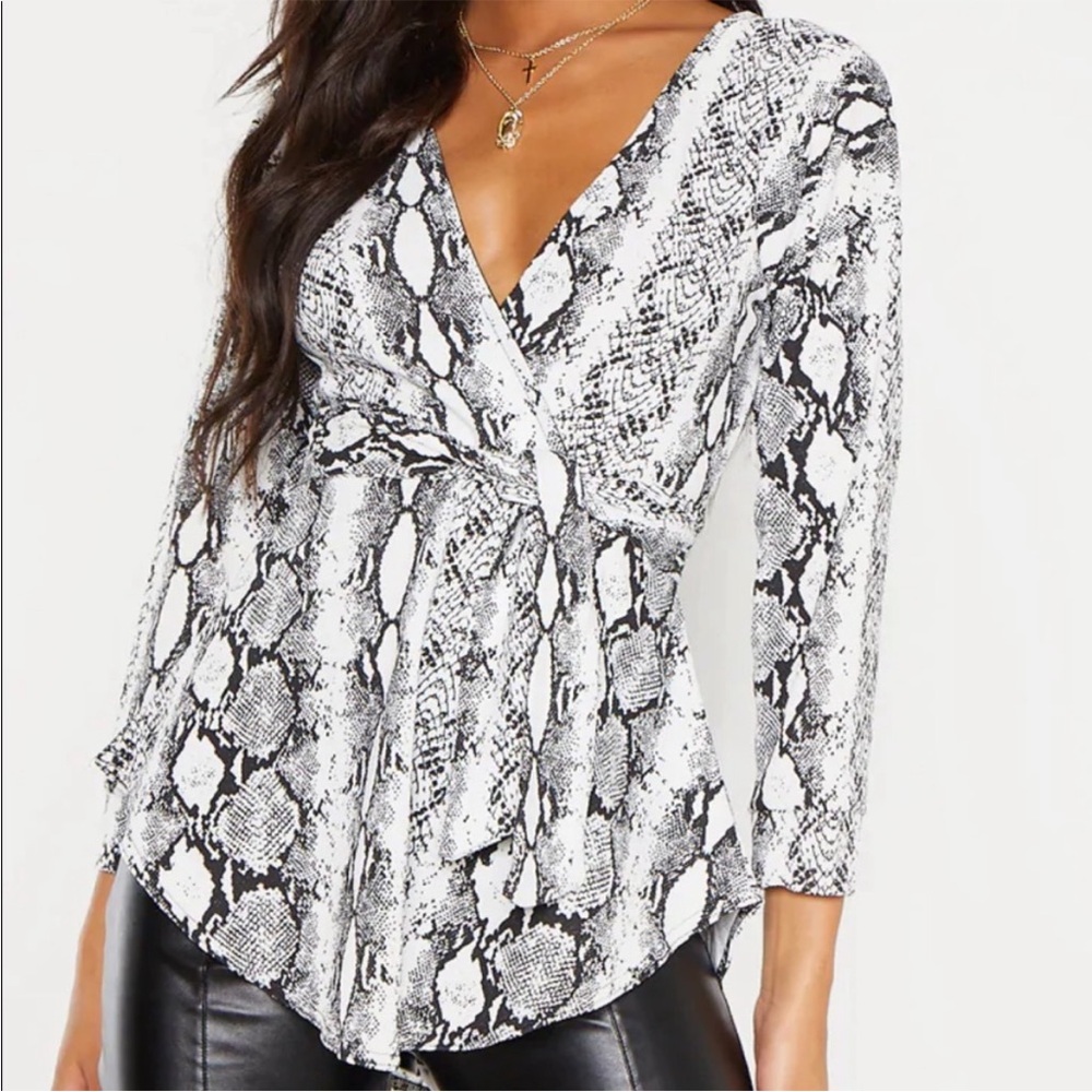Grey Snake Print Tie Waist Blouse